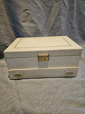 60s Vtg MCM Large Cream Gold Color Princess Gardner Jewelry Box Red Velvet Satin